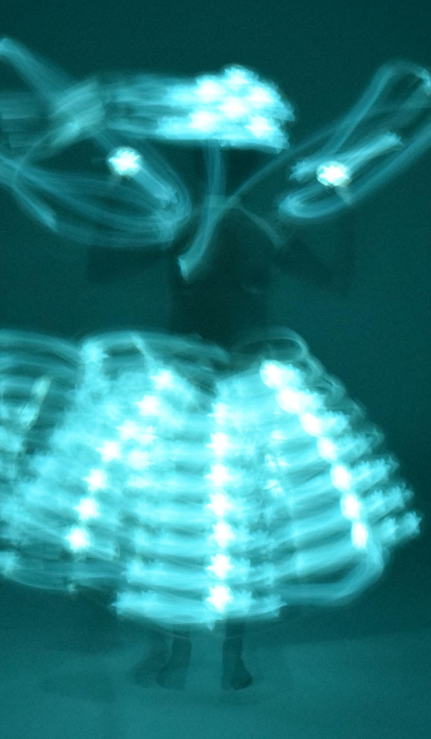 Moving Lilies, a blurred figure in bioluminescent costume