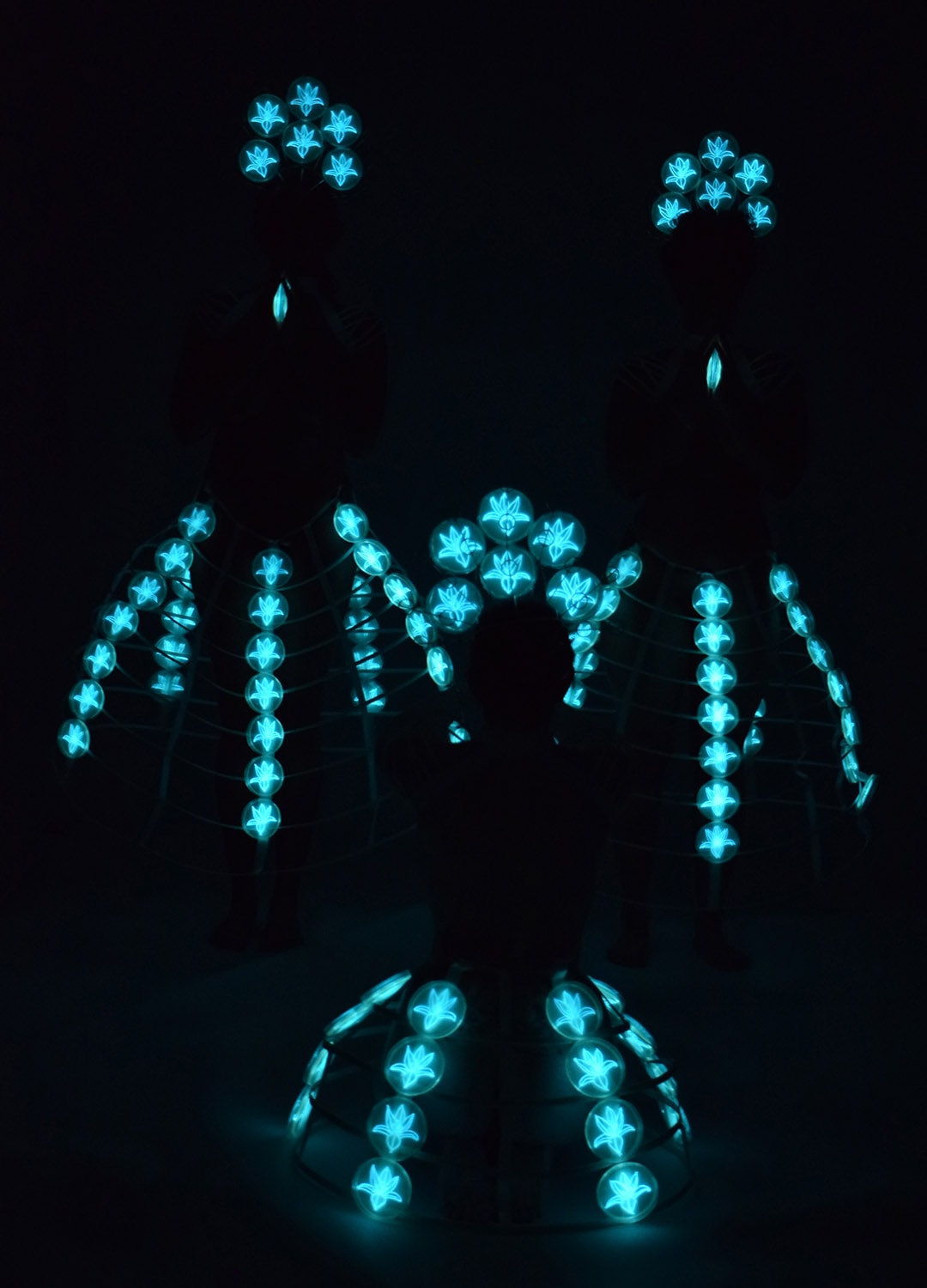 Praying to the Goddesses, figures in luminous bioluminescent costume forms